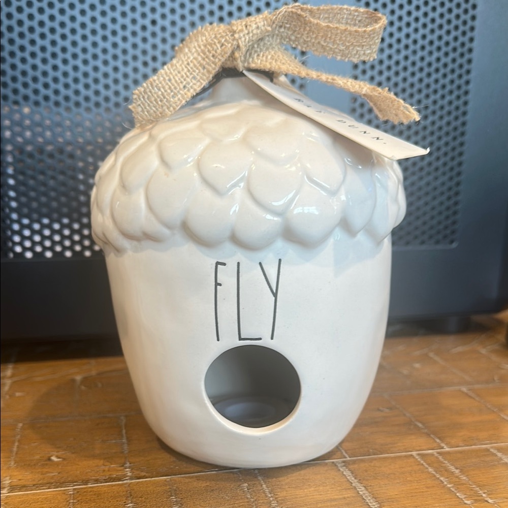 White Ceramic Birdhouse with Burlap Bow
